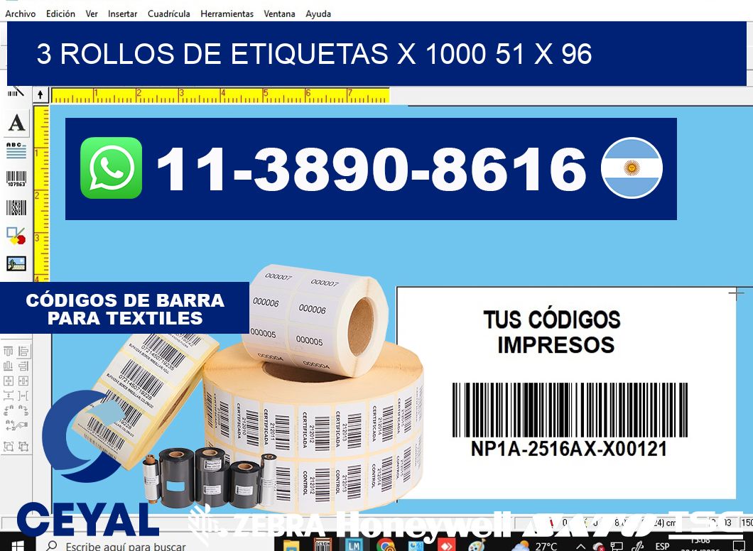 3 rollos de etiquetas x 1000 51 x 96