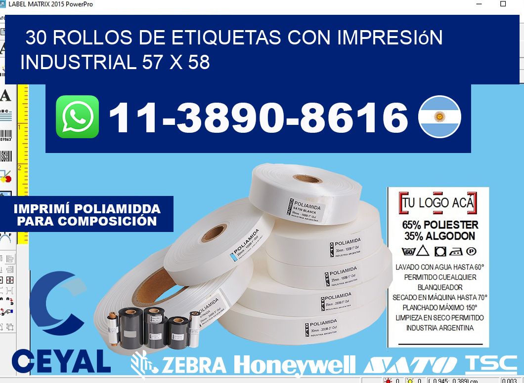 30 rollos de etiquetas con impresión industrial 57 x 58