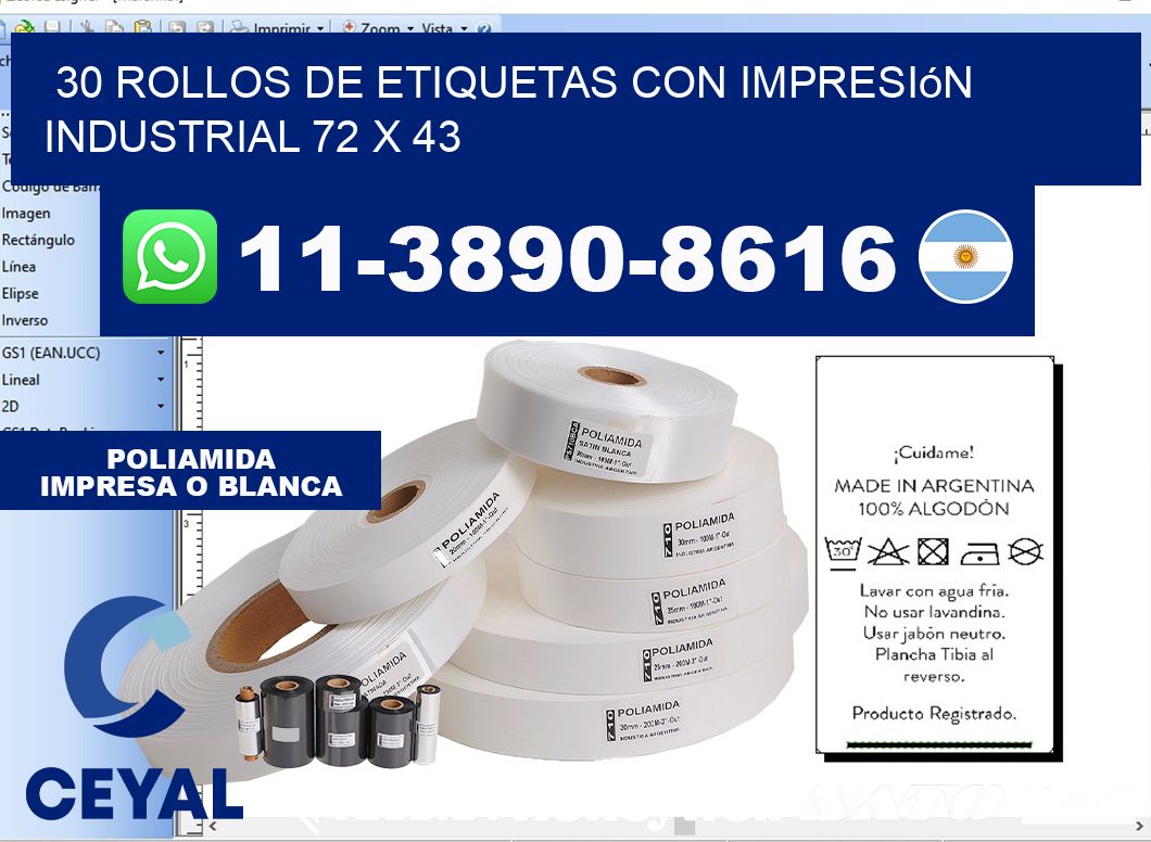 30 rollos de etiquetas con impresión industrial 72 x 43