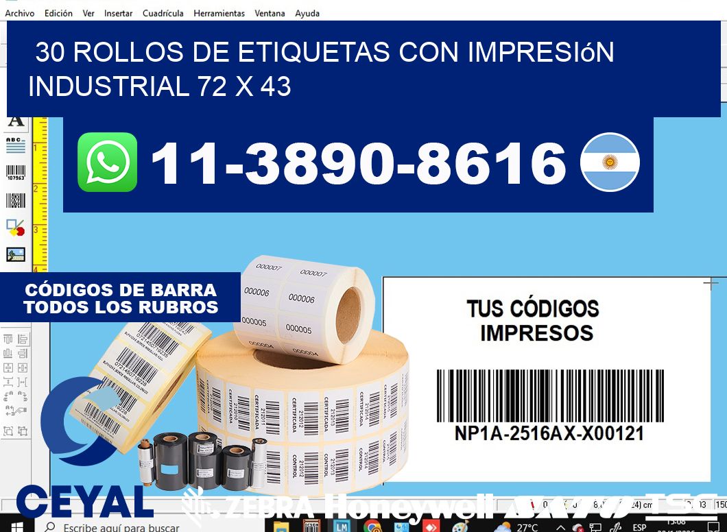 30 rollos de etiquetas con impresión industrial 72 x 43