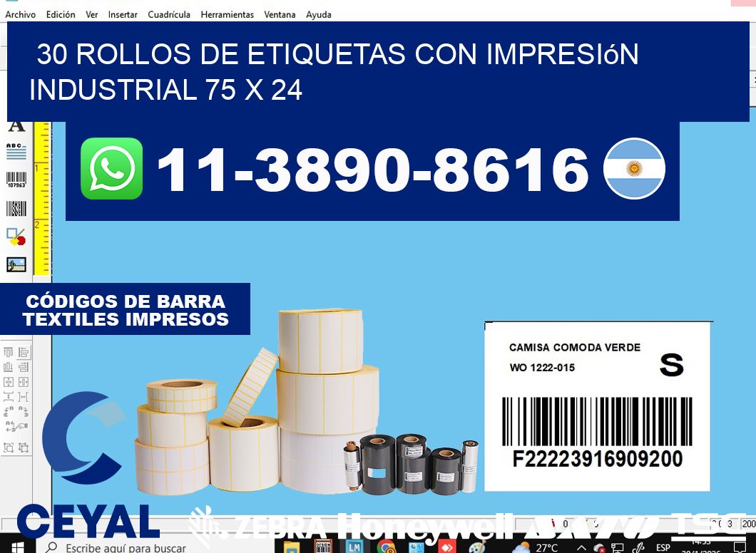 30 rollos de etiquetas con impresión industrial 75 x 24