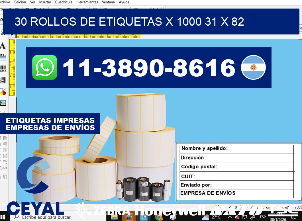 30 rollos de etiquetas x 1000 31 x 82