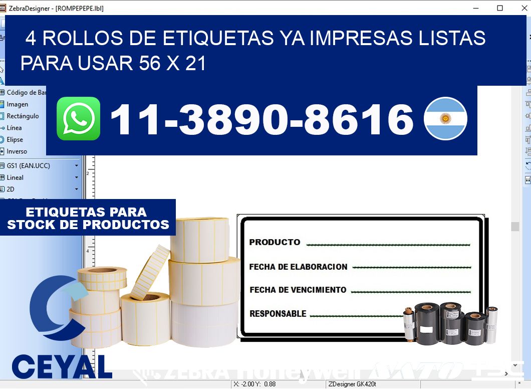 4 rollos de etiquetas ya impresas listas para usar 56 x 21