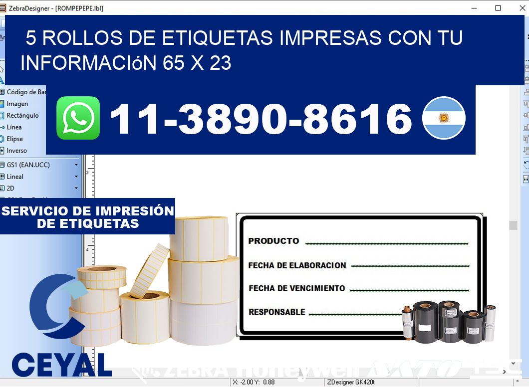 5 rollos de etiquetas impresas con tu información 65 x 23