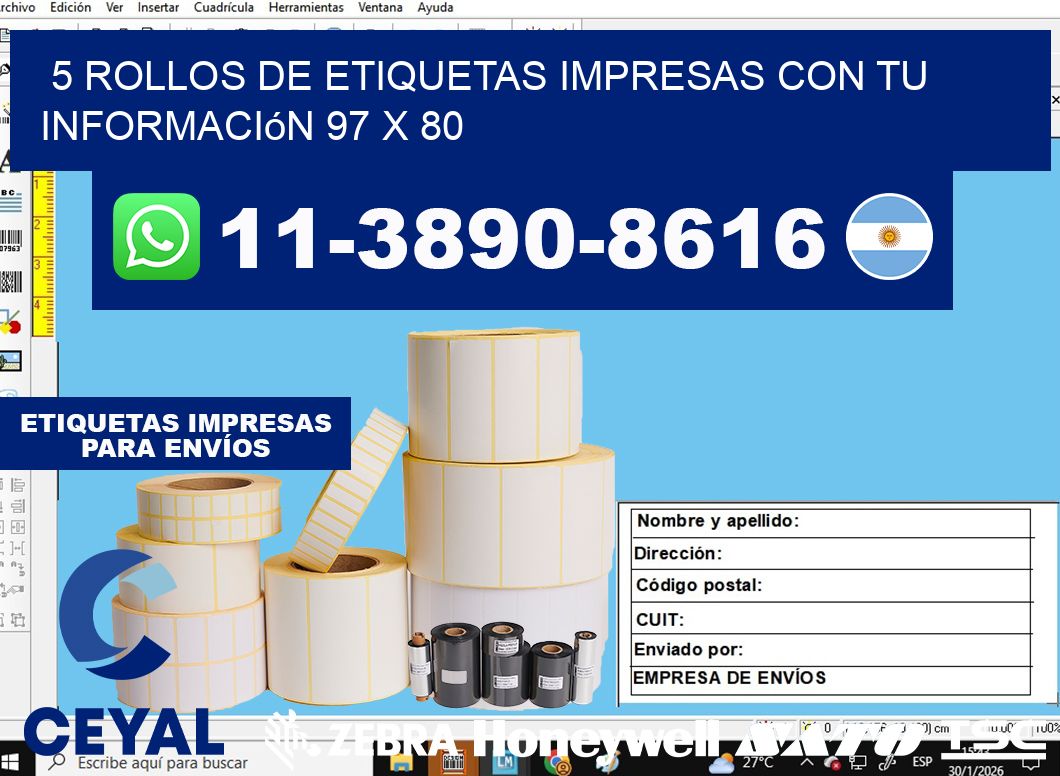 5 rollos de etiquetas impresas con tu información 97 x 80