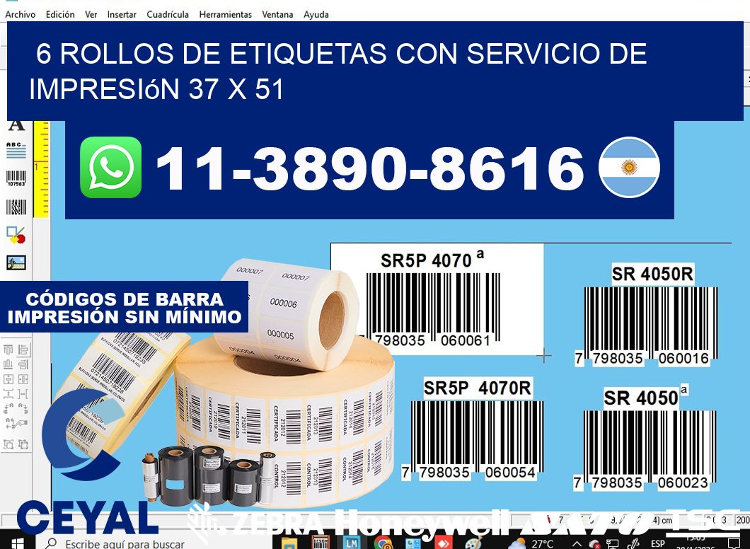 6 rollos de etiquetas con servicio de impresión 37 x 51