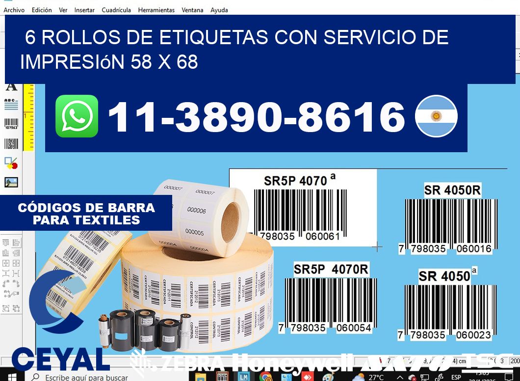 6 rollos de etiquetas con servicio de impresión 58 x 68