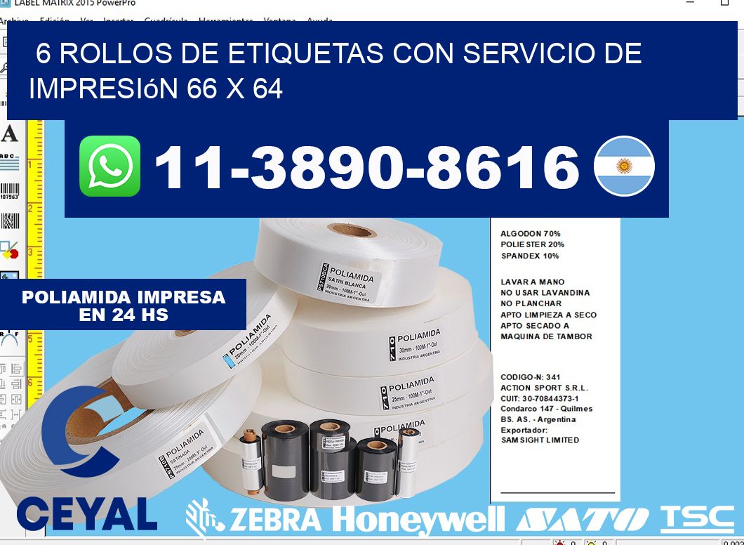 6 rollos de etiquetas con servicio de impresión 66 x 64