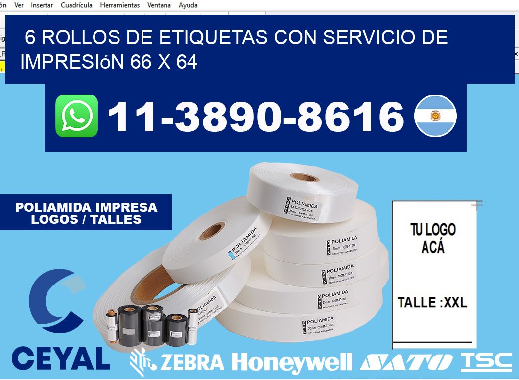 6 rollos de etiquetas con servicio de impresión 66 x 64