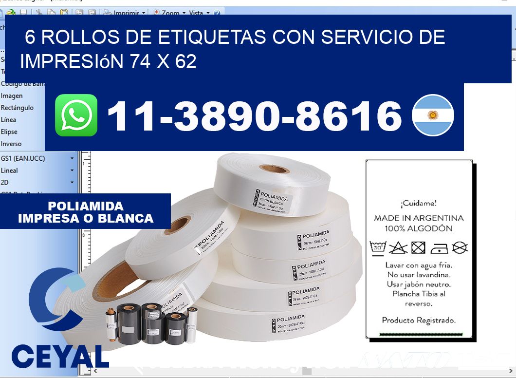 6 rollos de etiquetas con servicio de impresión 74 x 62