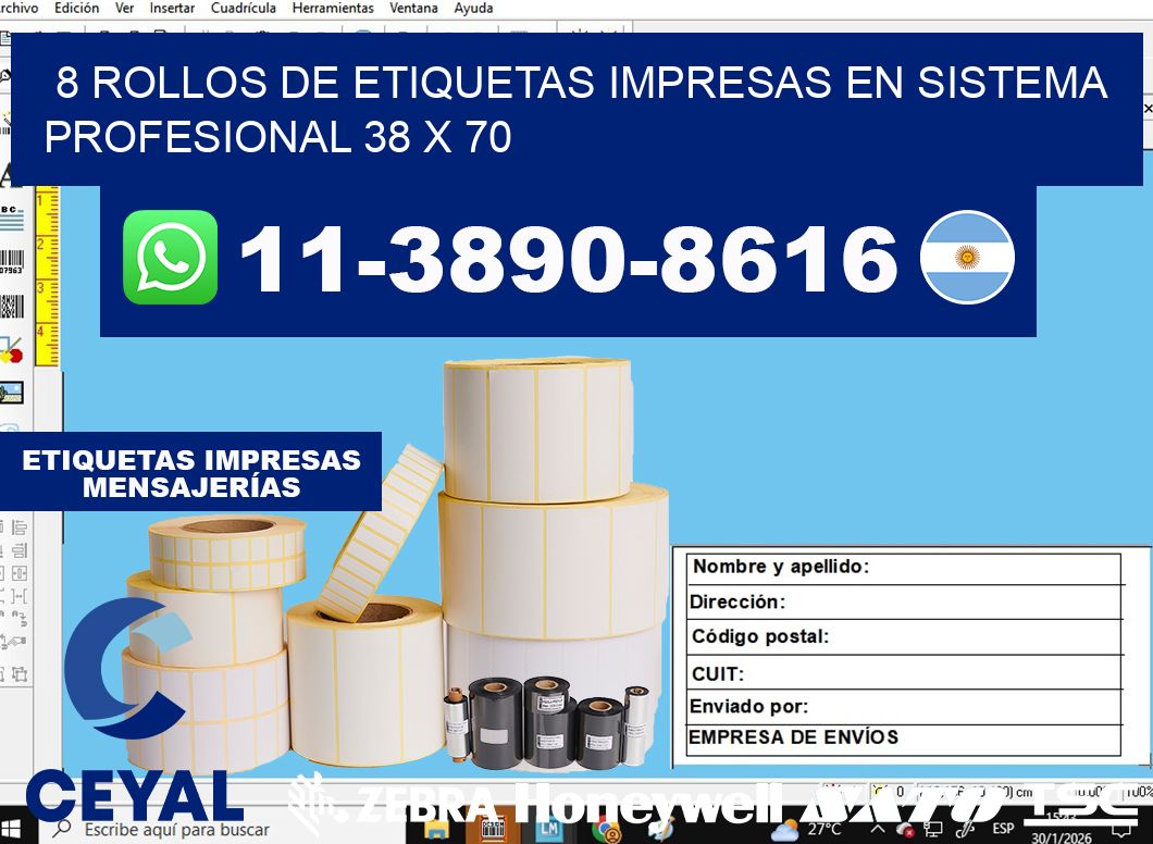 8 rollos de etiquetas impresas en sistema profesional 38 x 70