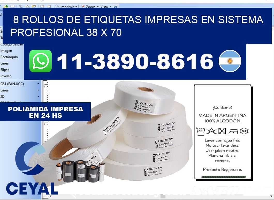 8 rollos de etiquetas impresas en sistema profesional 38 x 70