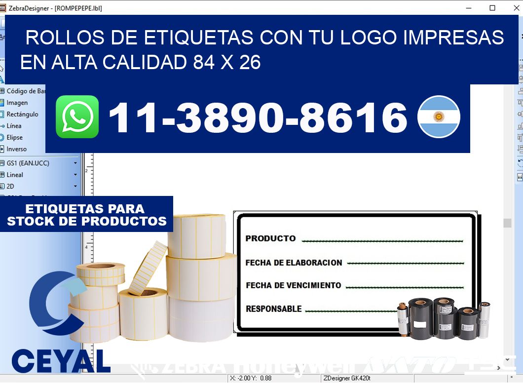 rollos de etiquetas con tu logo impresas en alta calidad 84 x 26