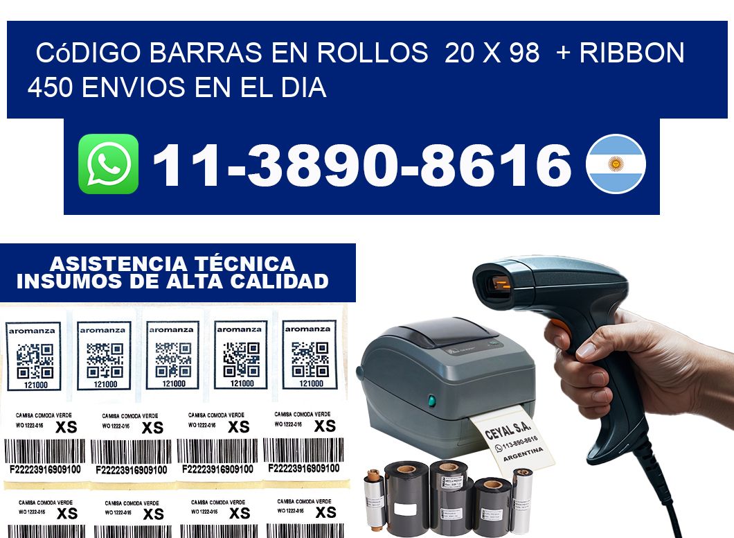 código barras en rollos  20 x 98  + ribbon  450 Envios en el dia