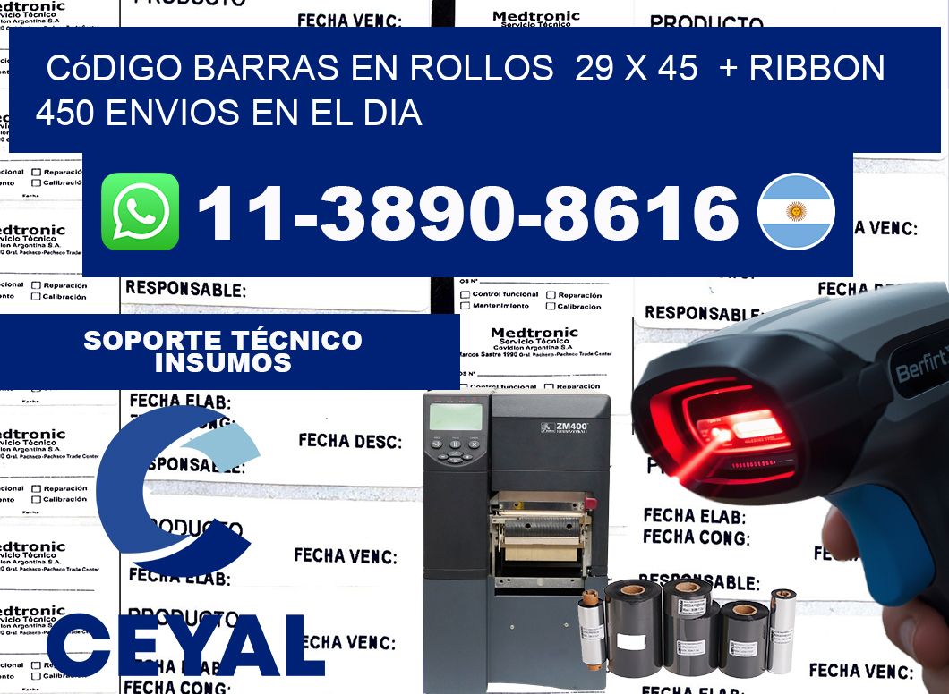 código barras en rollos  29 x 45  + ribbon  450 Envios en el dia