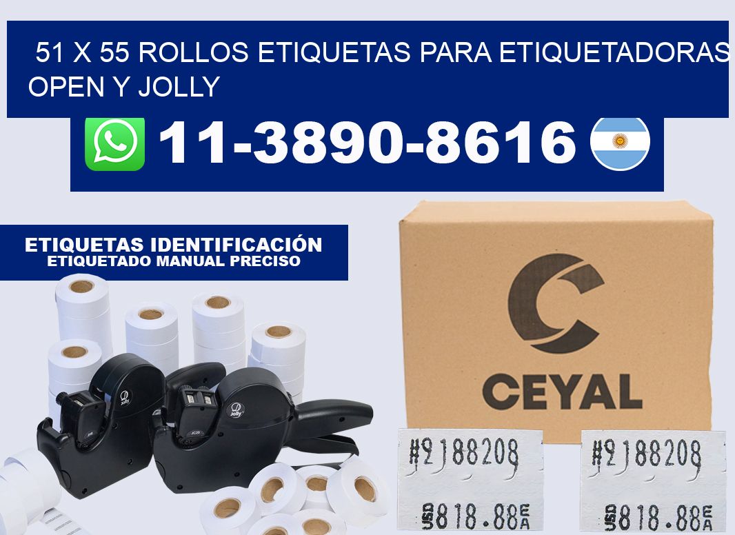 51 x 55 Rollos etiquetas para etiquetadoras open y jolly