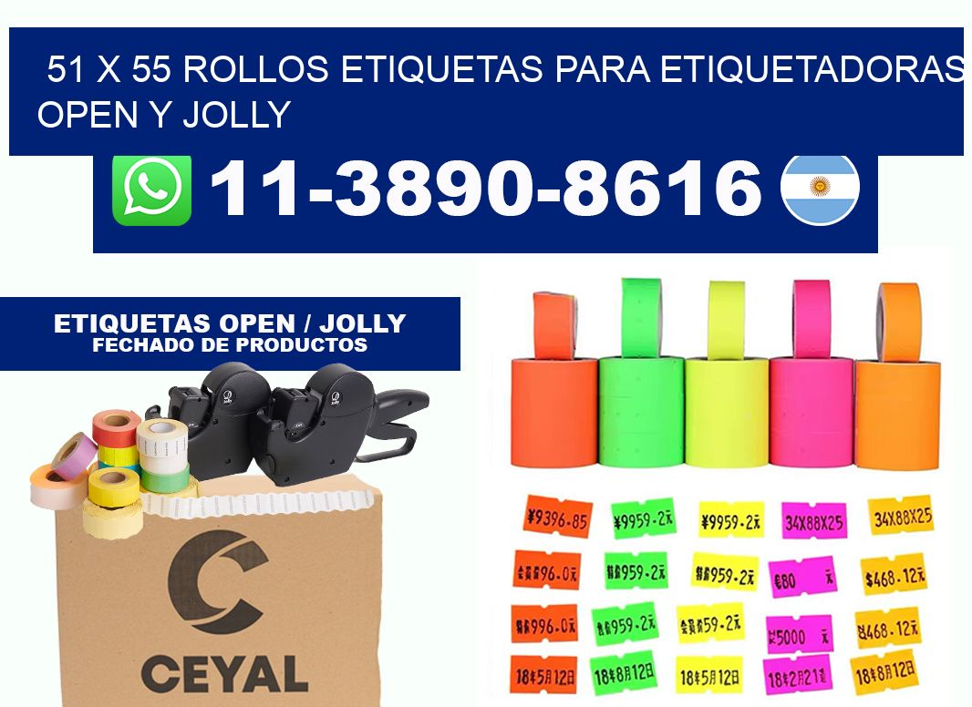 51 x 55 Rollos etiquetas para etiquetadoras open y jolly