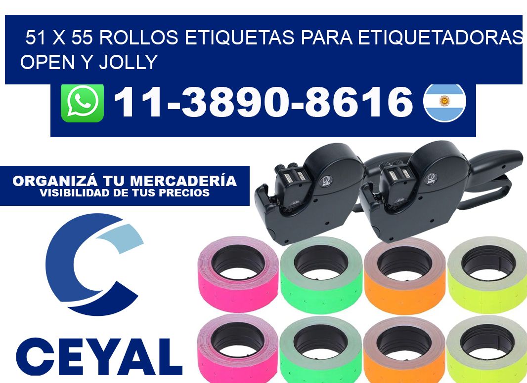 51 x 55 Rollos etiquetas para etiquetadoras open y jolly